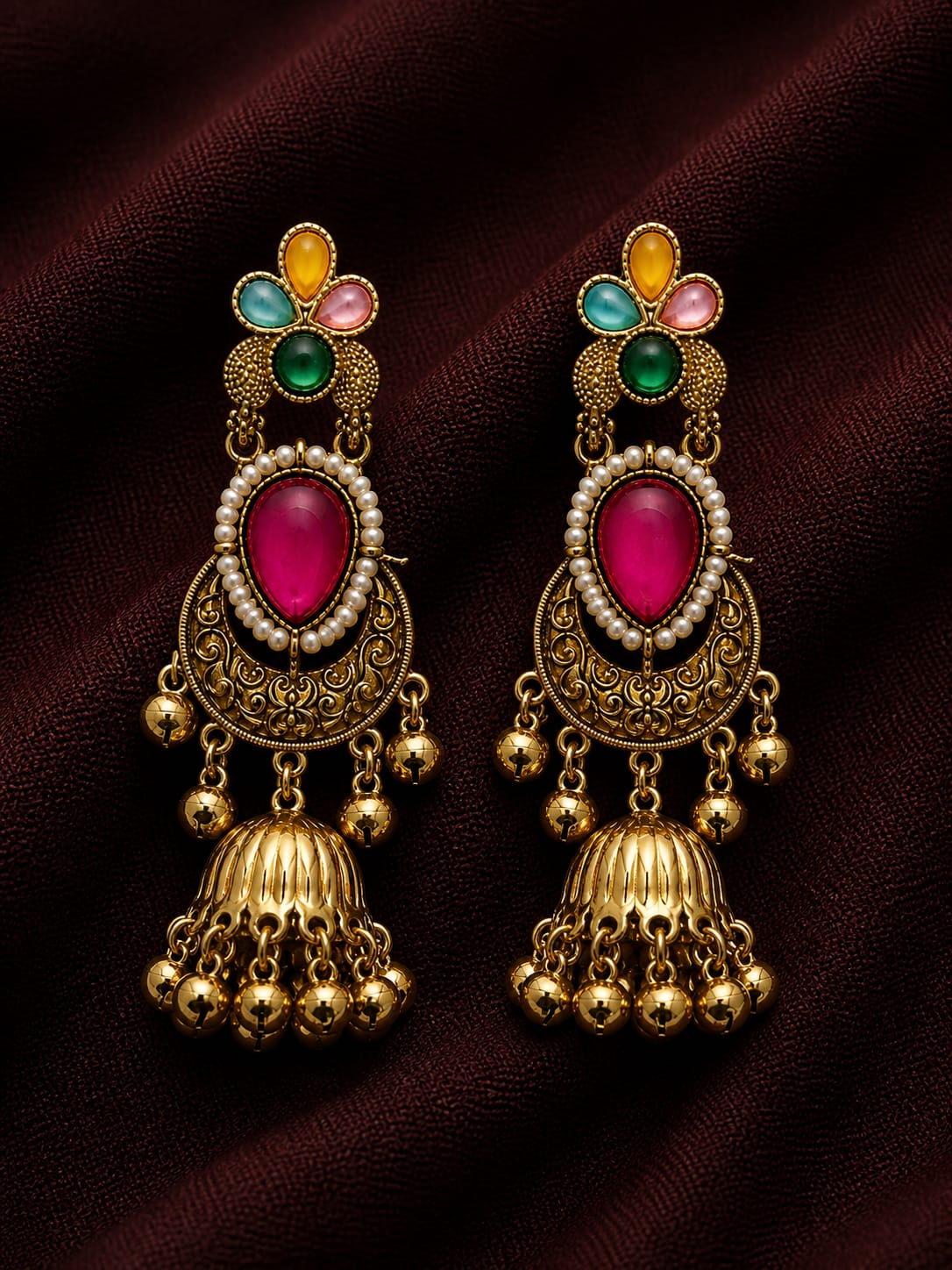Rajwadi Ruby Pearl Jhumkas