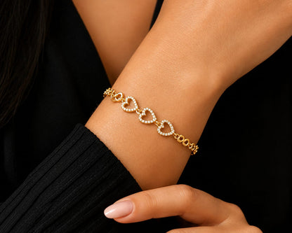 Four Heart CZ Gold Bracelet