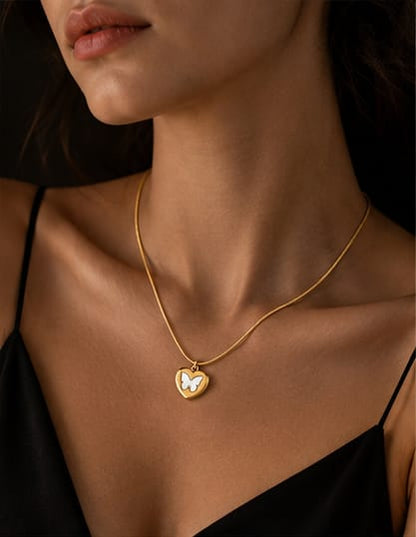 Golden Butterfly Heart Pendant Necklace